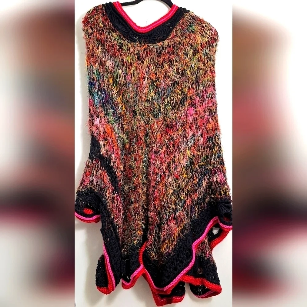 NWT Luxury Recycled Silk & Cashmere Asymmetrical Hand Knitted Long Poncho